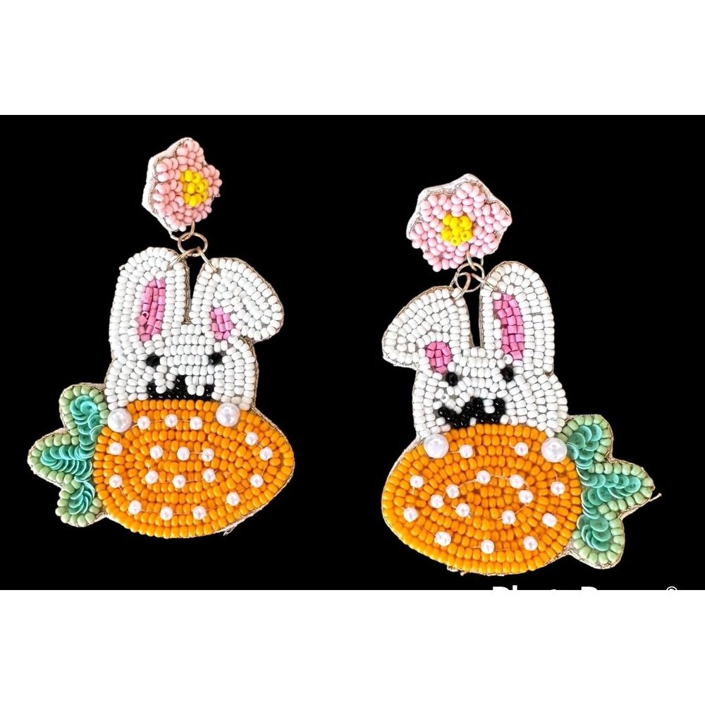 New Easter Bunny  Earrings Handmade Beaded Rabbit Carrot Dangle Posts Em…